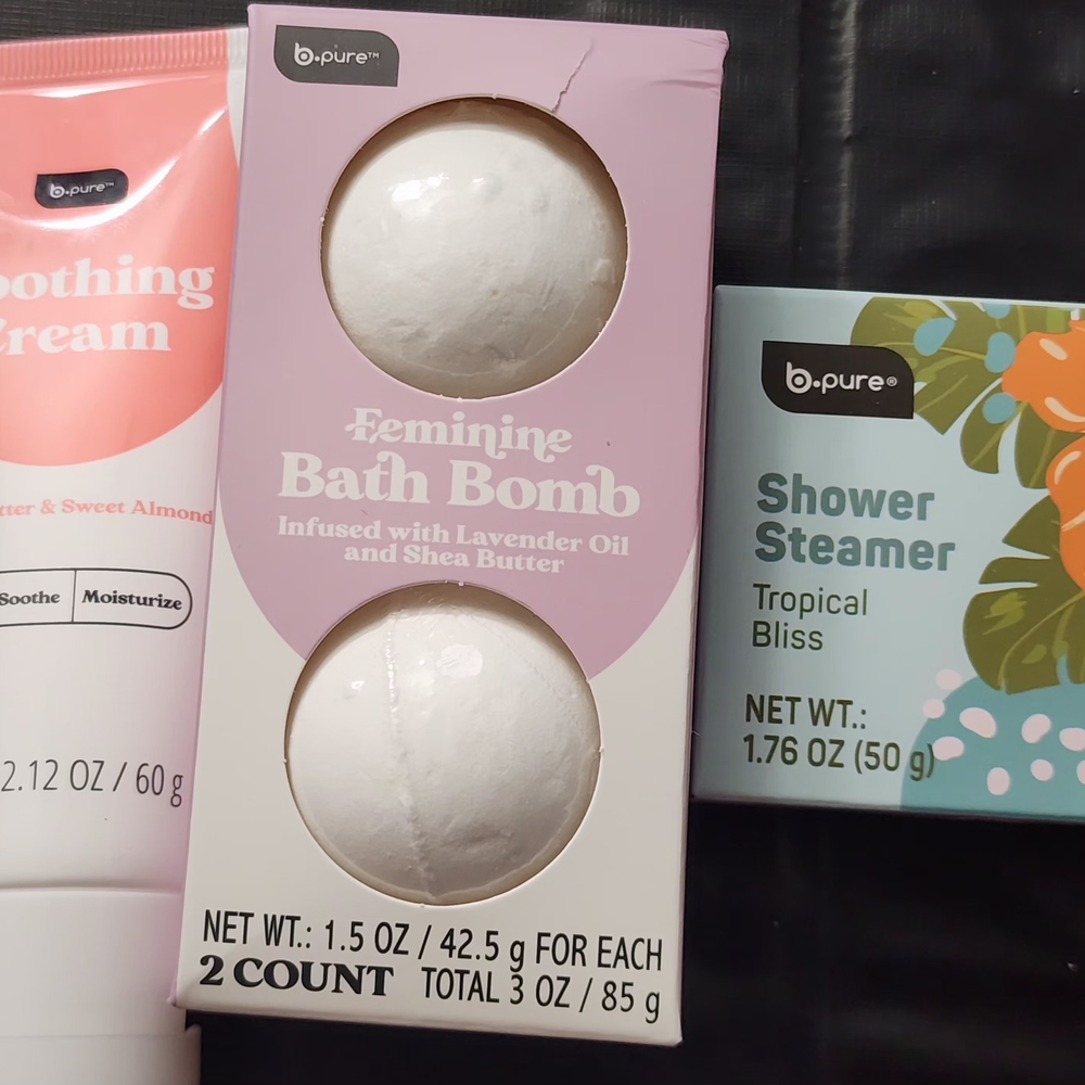 New B Pure soothing cream, bath bomb and tropical bliss shower steamer